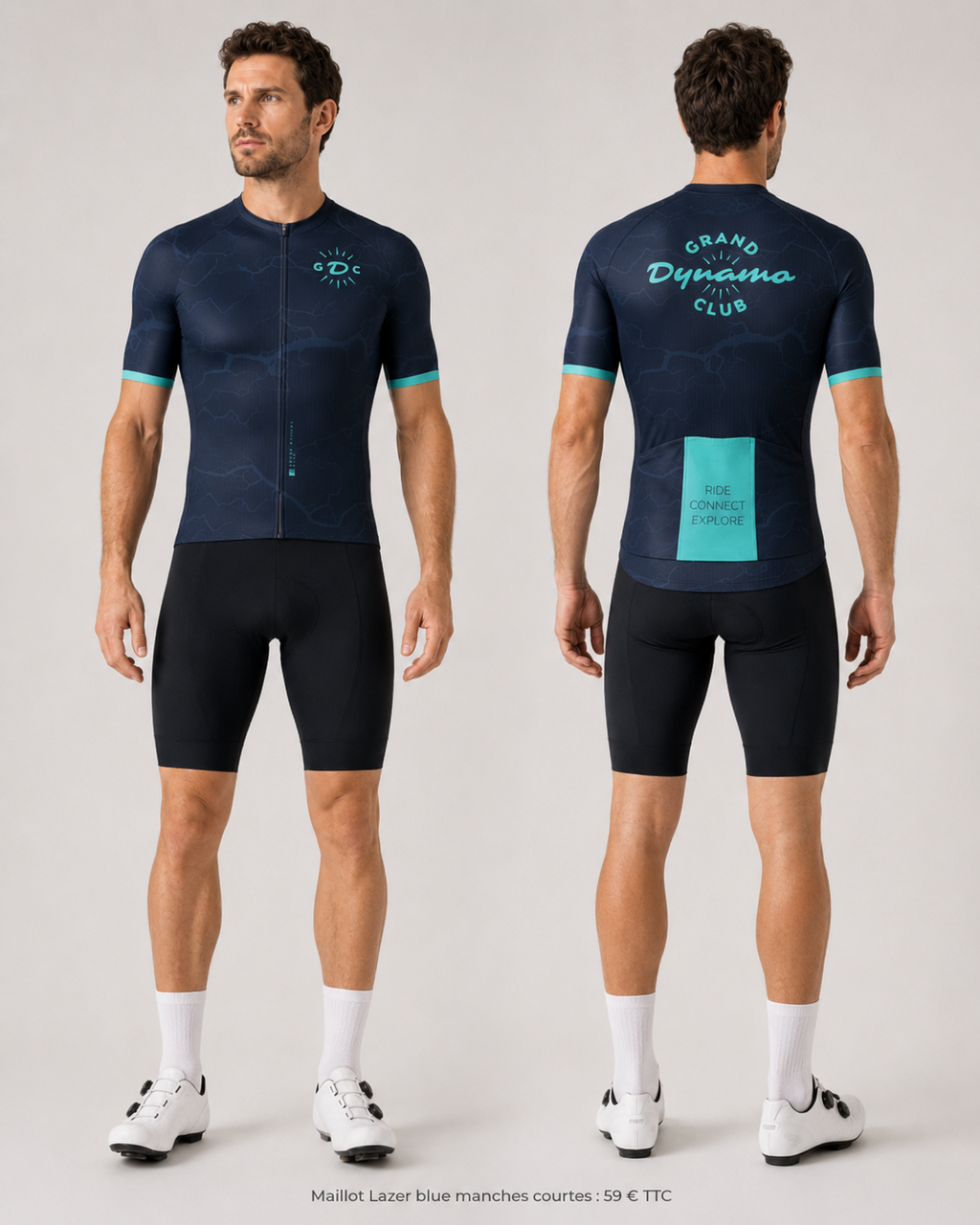 Maillot Lazer Blue manches courtes — porté, face et dos
