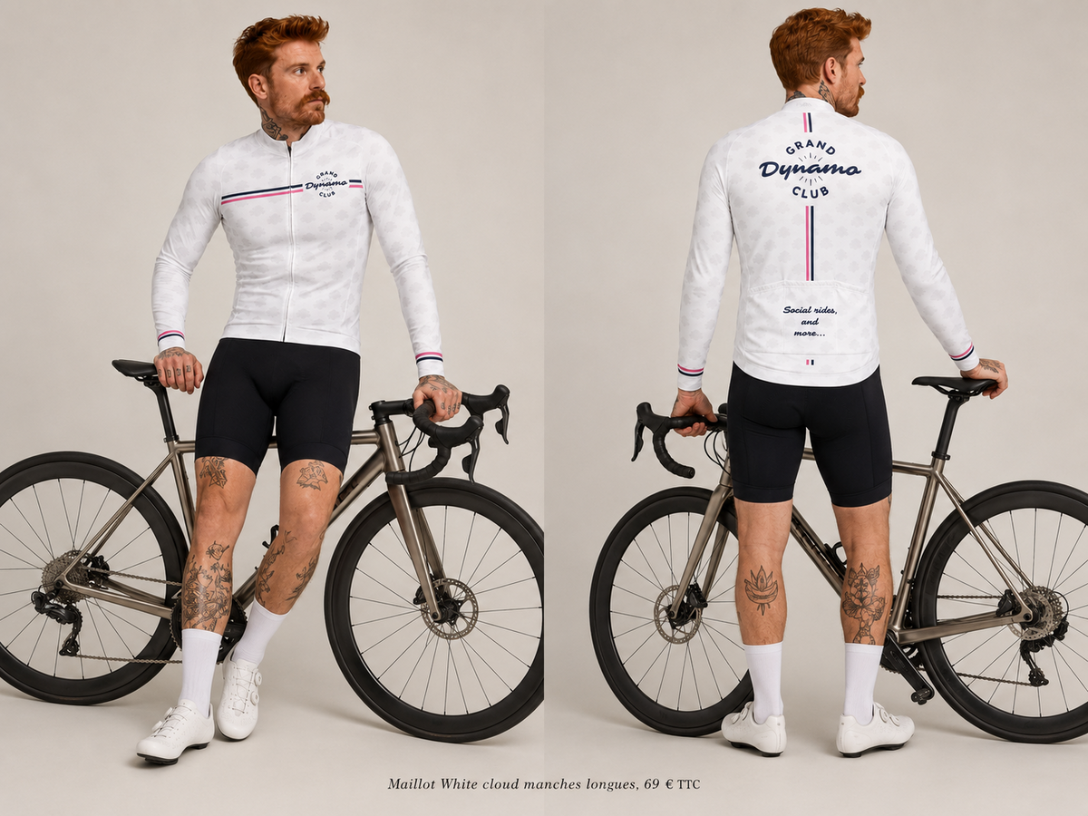 Maillot White Cloud manches longues — porté, face et dos